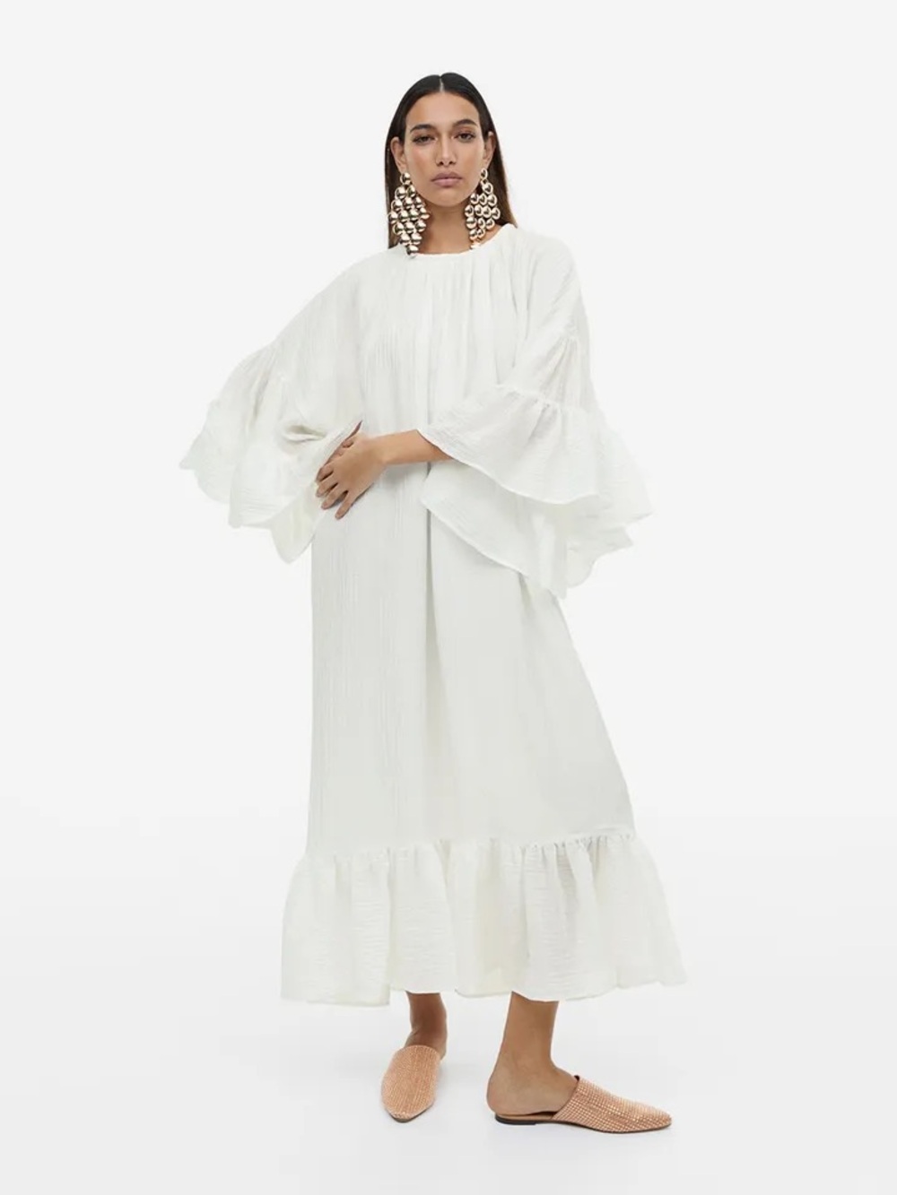 H&M Spring Celebrations Textured Flounce Sleeve Maxi Dress White Size M NWT